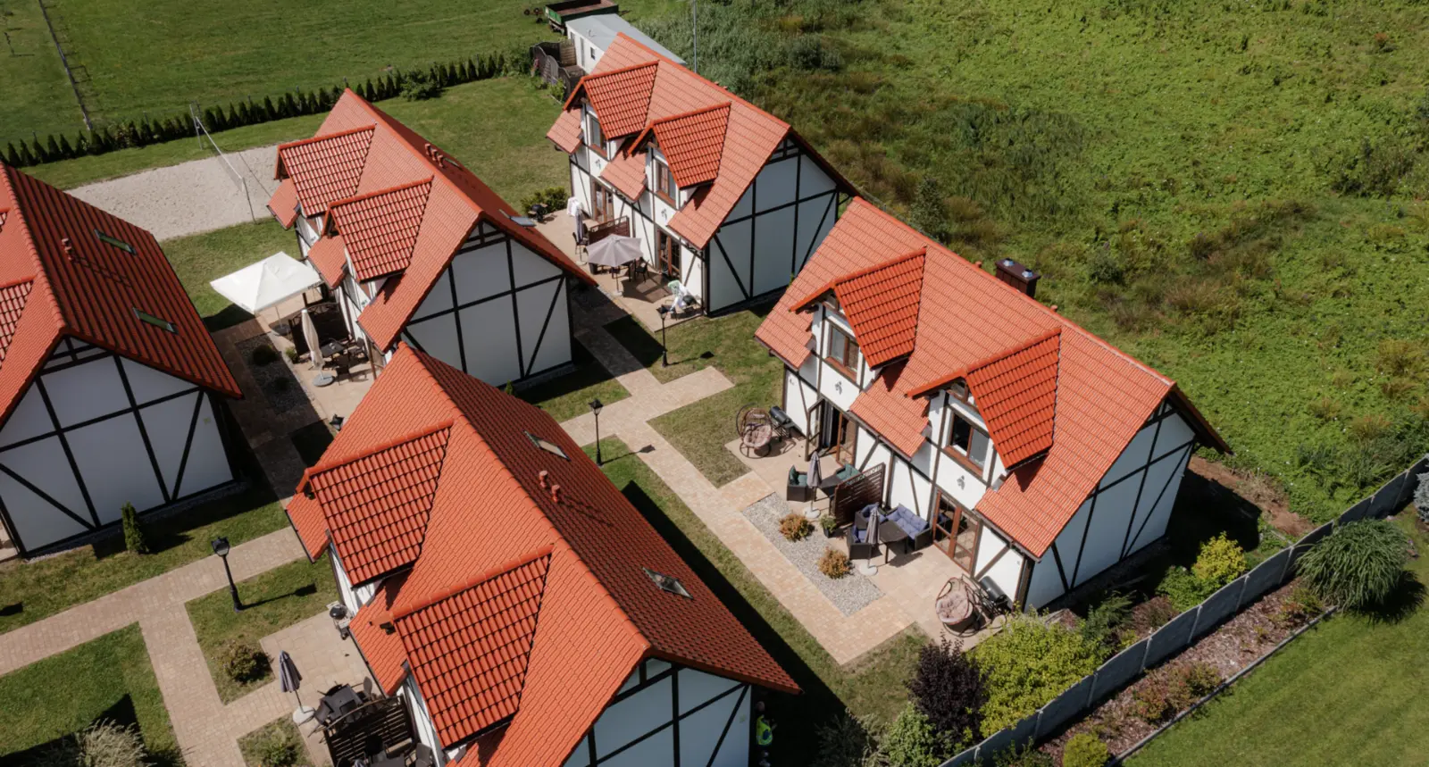 Vue aérienne d'Osada Słowińska, notre logement près de Łeba