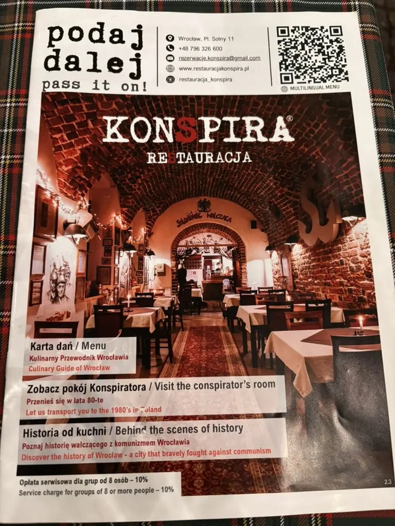 Le menu de la Restauracja Konspira, restaurant à thème historique à Wrocław